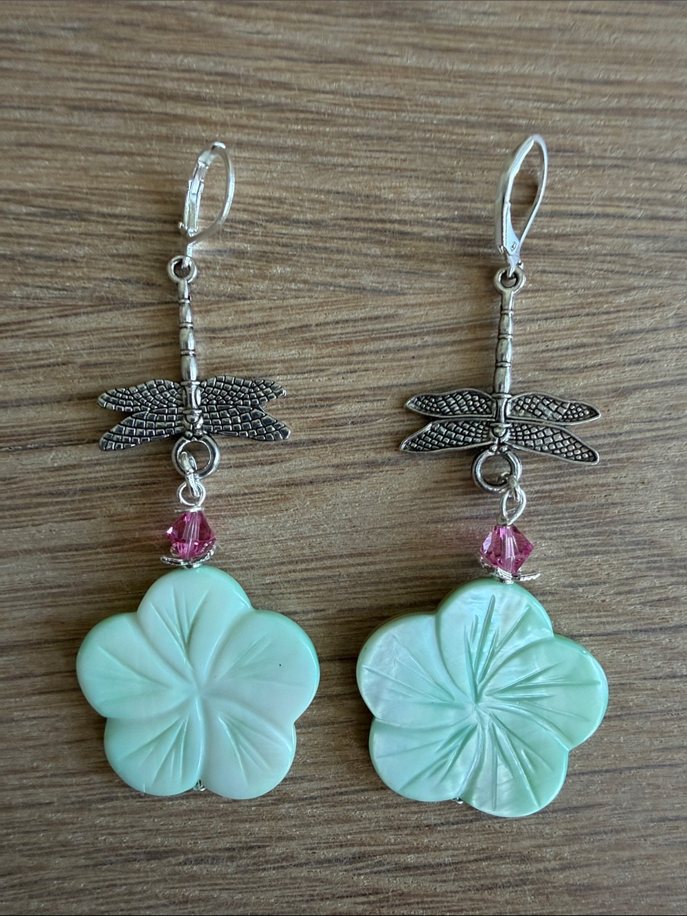 HAND CRAFTED MINT MOTHER OF PEARL FLOWER DRAGONFLY EARRINGS  Swarovski Crystals